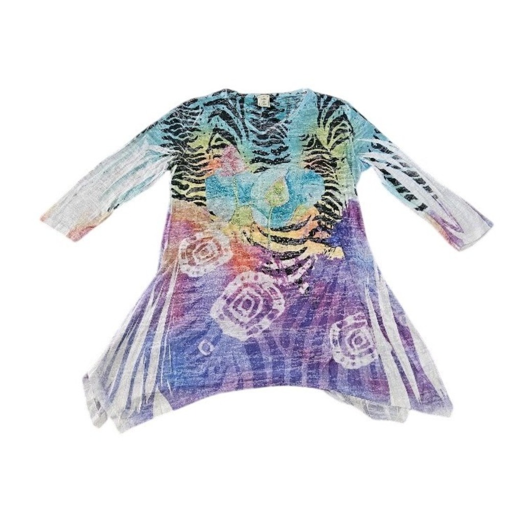 Jess & Jane Womens Medium Tiger Floral Rhinestone Tunic Top Blue Purple Artsy